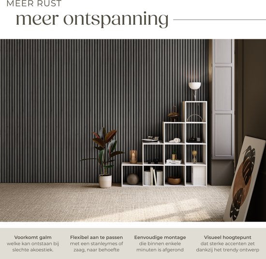 tectake® Akoestische Panelen - Set van 2 - Akoestisch Wandpaneel - 60 x 120 cm - 1,44 m² - Wandpanelen met Aanpasbare Grootte - Lattenwand van MDF en Houtfineer - Geluidsisolatie - Stijlvolle Wanddecoratie - Eenvoudige Montage - Zwart Eiken