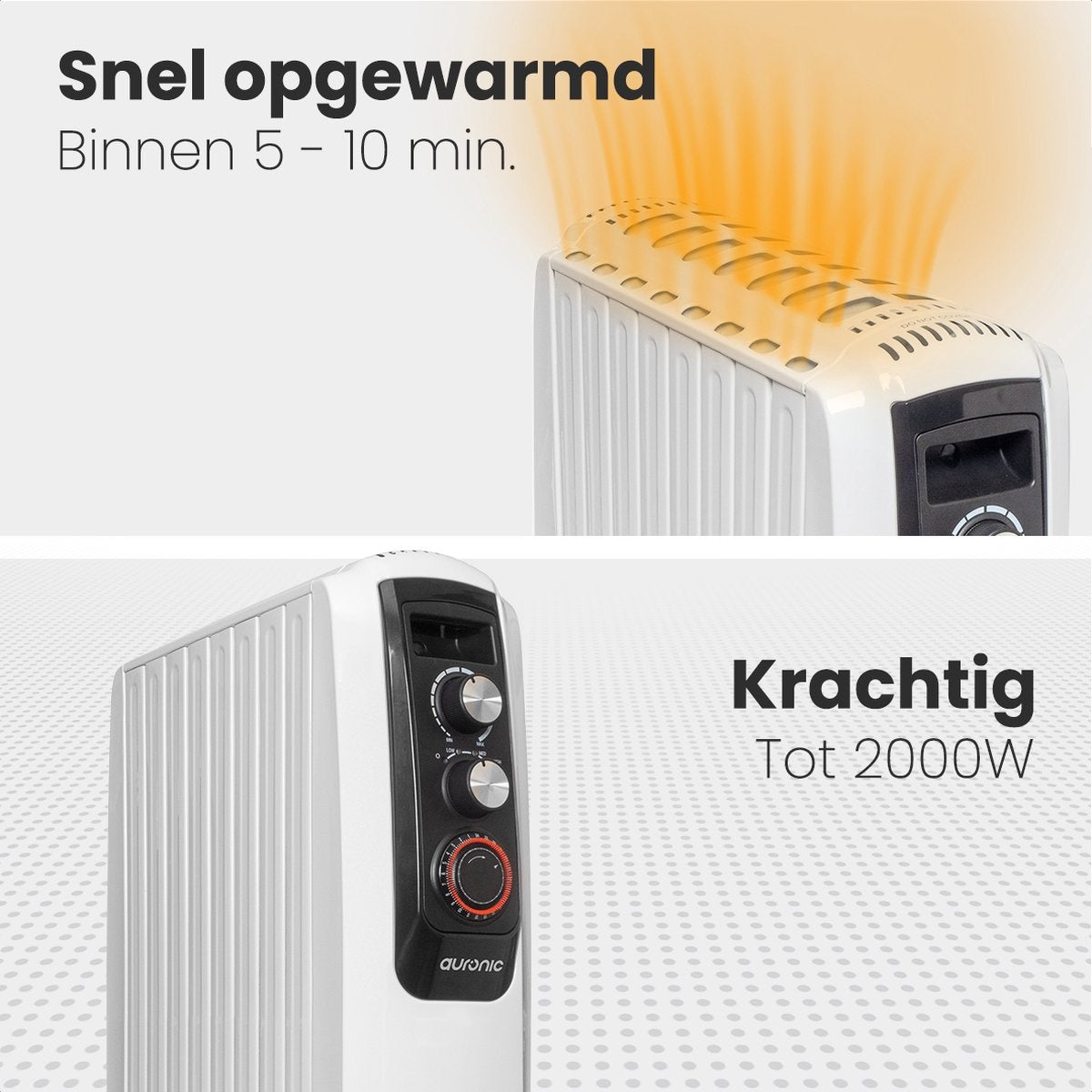 Auronic Olieradiator met Thermostaat - Elektrische kachel - Timer - 3 Standen - tot 2000W Heater - Wit