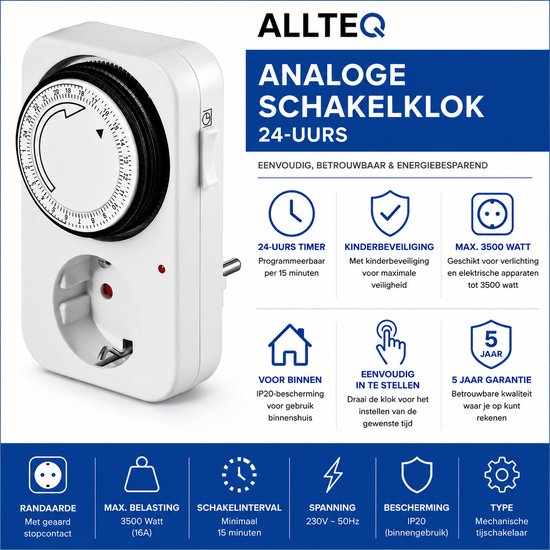 Schakelklok - Analoog - Tijdschakelaar - Schuko - 24 uur - Allteq