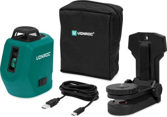 VONROC Kruislijnlaser - 360° - groen - 4V accu - 2600mah - zelfnivellerend - ±40 meter bereik - goede zichtbaarheid bij fel licht - Incl. bevestigingsbeugel, USB-C kabel & opbergtas