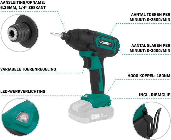 VONROC Accu Slagschroevendraaier 20V – 180Nm – Opname: 6,35 mm ¼” - Incl. Schroefbits, mag-netische bithouder en dophouder - Excl. Accu en Snellader