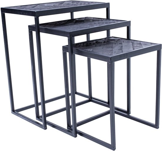 Bergen Bijzettafelset van 3 Tafels - Visgraat Patroon - Teakhout - 48 x 59 x 37 cm - Zwart