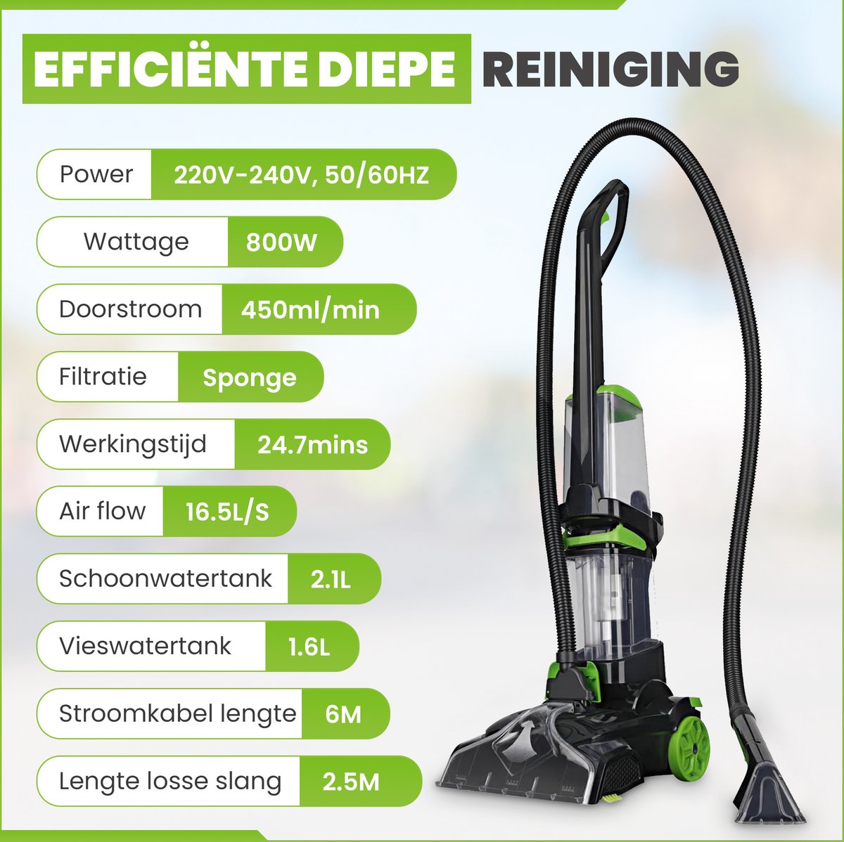 Tapijtreiniger 2-1 - Multifuntionele Vlekkenreiniger - 800W - 30 x 32.5 x 113 cm