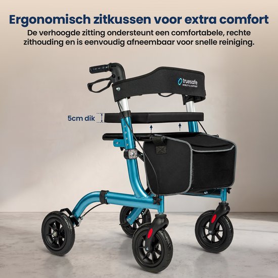 TrueSafe Rollator lichtgewicht en opvouwbaar (6,9 kg) - Voor binnen en buiten - Incl. ergonomisch zitkussen, verlichting, rugleuning, wandelstokhouder en meer - Blauw