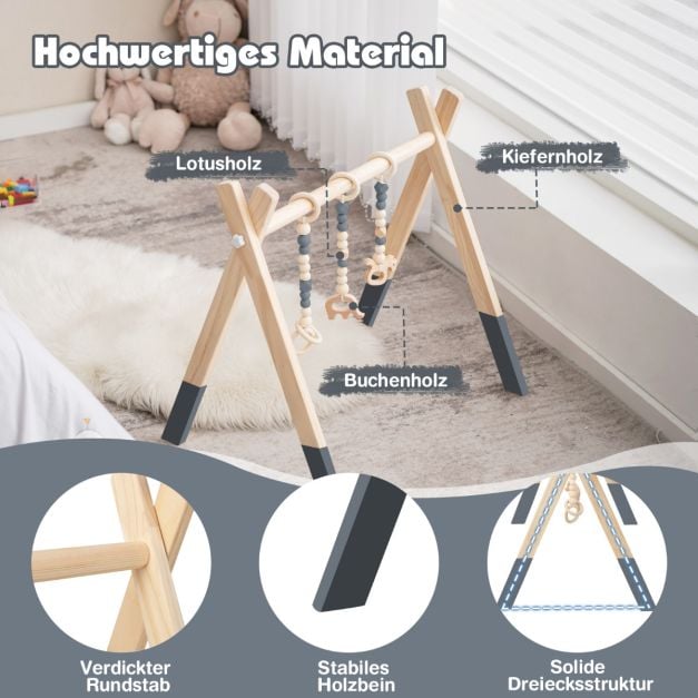 Coast Houten Babygym – 3 Hangspeeltjes – 60 x 44 x 60 cm – Groen, Grijs en Roze