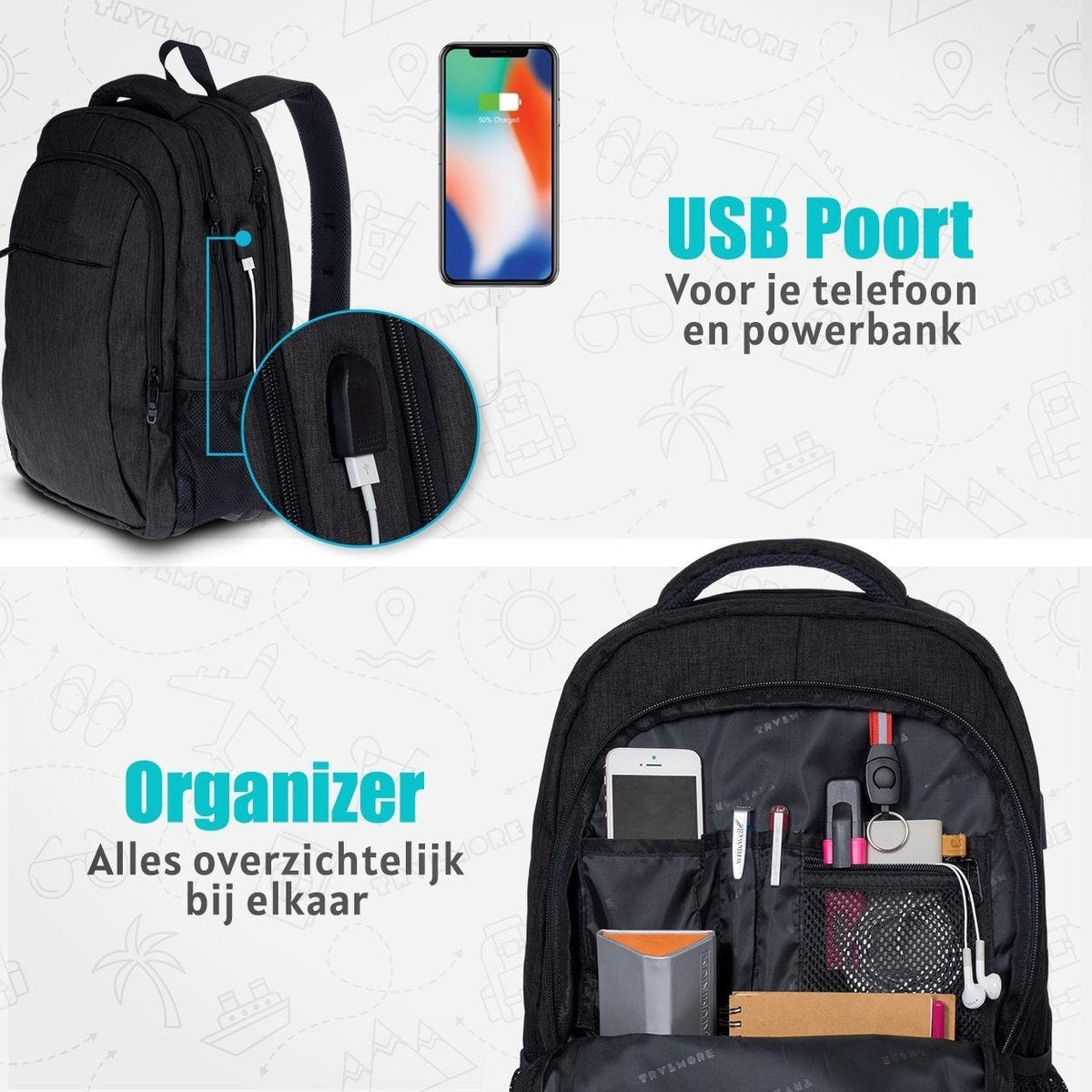 TRVLMORE Rugzak - 36L - 17,3 inch - Laptop Rugtas - Schooltas - Unisex - Spatwaterdicht Zwart