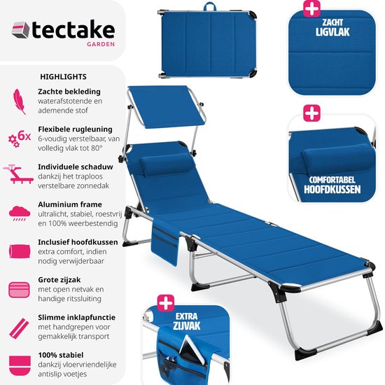 tectake® Ligbed Lorella met zonneluifel - Ligstoel - Zonnebed gestoffeerd - Inklapbaar - Voor in de tuin of op balkon - Met zijvak - Afmetingen (BxDxH) 220 x 60,5 x 34 cm - Blauw