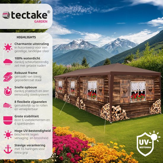 tectake® Tuin- of festivalpaviljoen - Feesttent - Almhut-design - Met 6 zijpanelen - Eenvoudig op te zetten partytent voor terras - Evenemententent - 3x9 m