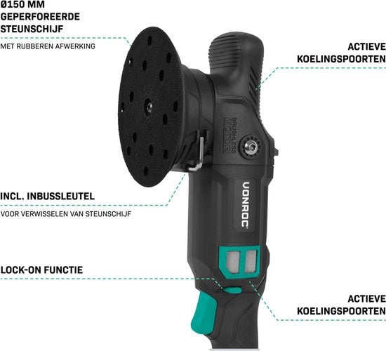 VONROC PRO Polijstmachine 20V - Ø 150mm - Borstelloze motor - Zachte start elektronica - Incl. Steunschijf - Excl. Accu en snellader