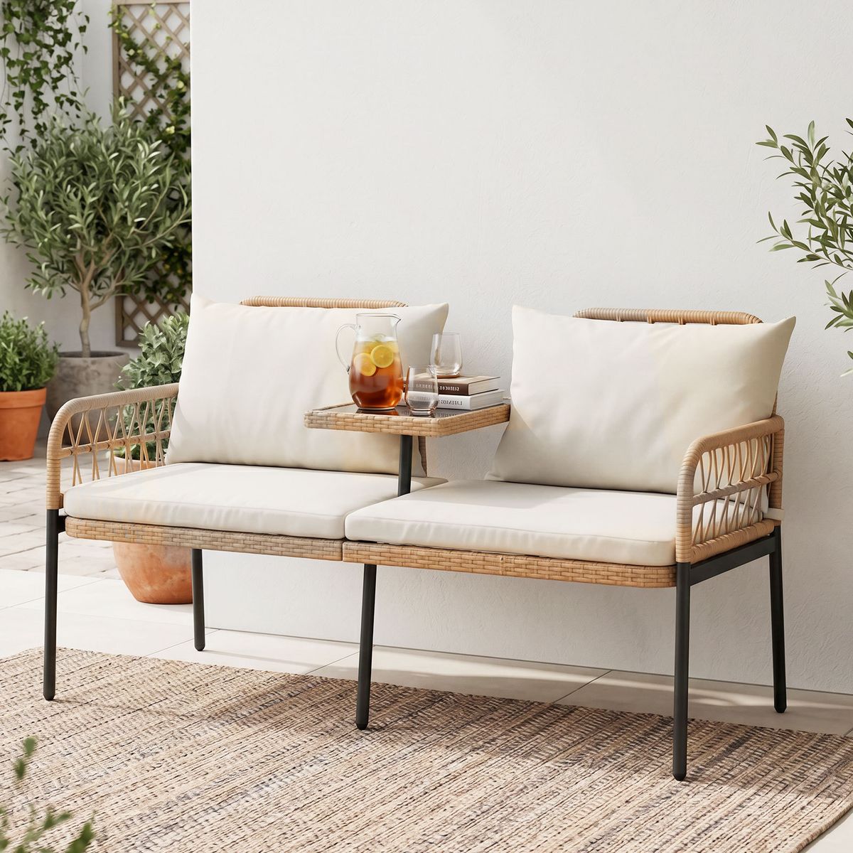 Coast tuinbank met kussens - 2-zits balkonbank - geïntegreerde glastafel - natuurlijk polyrattan - 137 x 64 x 84 cm