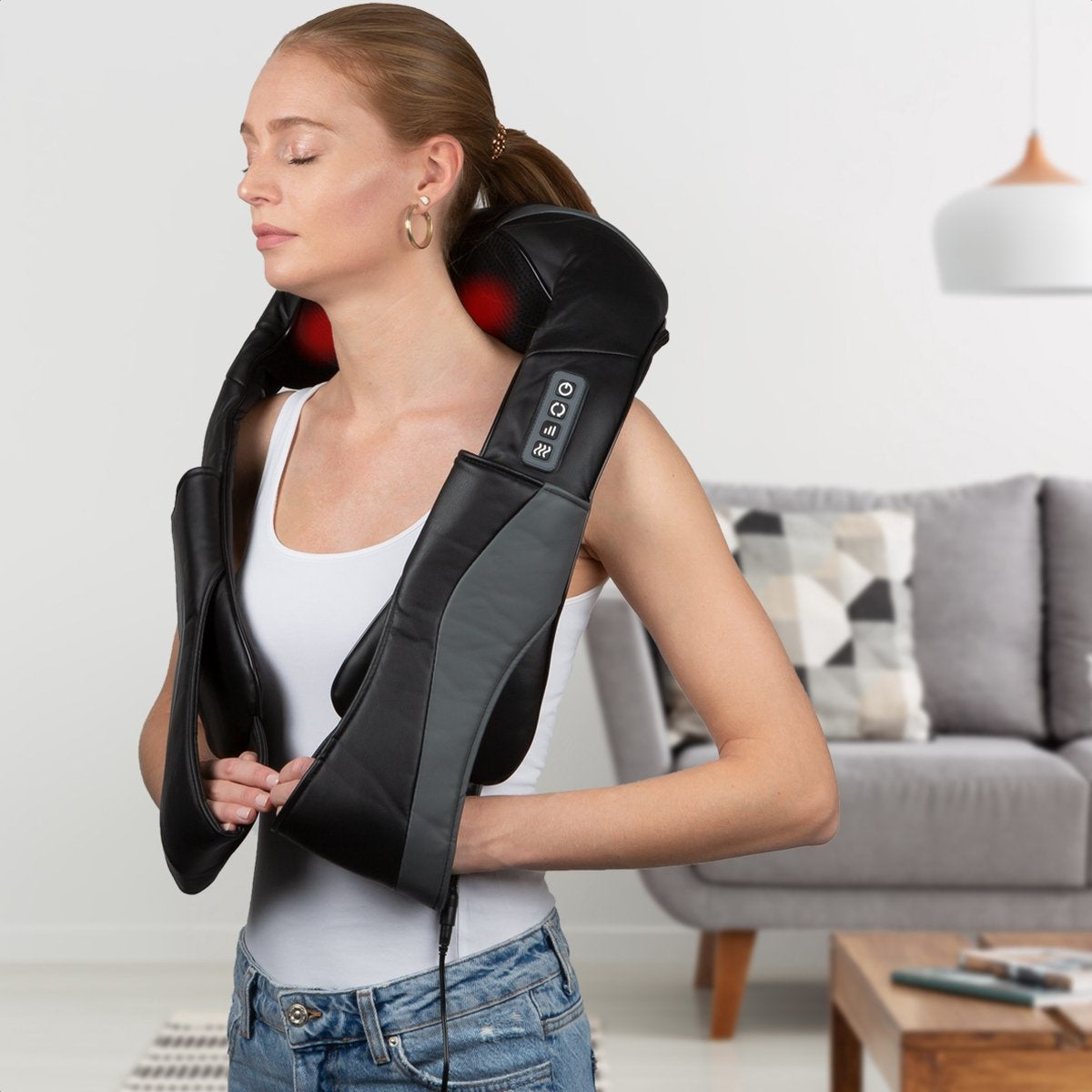 Auronic Shiatsu Massagekussen - Elektrisch Nekmassage Apparaat - Infrarood - Inclusief Draagtas - Zwart/Grijs