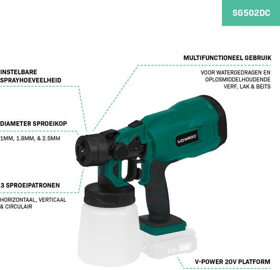 VONROC Accu verfspuit – VPower 20V – Zonder accu & lader – Inhoud 800 ml – Incl. accessoires