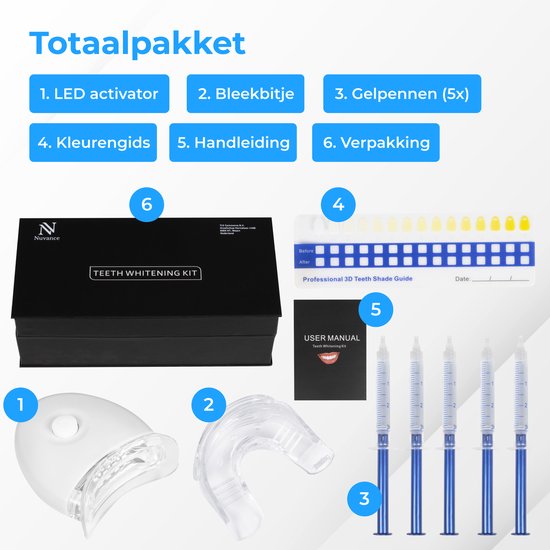 Nuvance - Tandenbleekset - 5 Spuiten Zonder Peroxide (0%) - Tandenblekers - Tanden Bleken - Teeth Whitening Kit - Witte Tanden