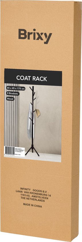 Brixy Kapstok - Staande Kapstok - 8 Haken - 175 cm - Kapstok Hout - Garderoberek - Zwart