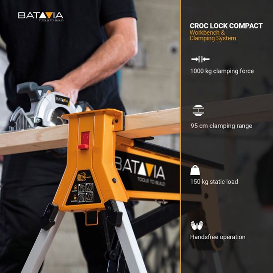 Batavia Croc Lock Compact Werkbank & Klemsysteem - Max. draagcapaciteit 150kg - Klemsysteem heeft kracht tot 1000kg - Klembereik 965mm - Maxxwork