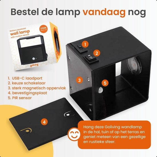 Goliving Wandlamp Oplaadbaar – Wandlamp Binnen – Draadloos – Met Bewegingssensor – USB–C – 4400 mAh – Warm Wit Licht – 10 x 10 x 10 cm – Zwart