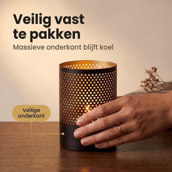 Lomera Theelichthouder Set van 3 - Waxinelichthouder Zwart Met Goud - Metalen Windlicht - Kaarsenhouder voor Woonkamer - Sfeerlicht voor Tafeldecoratie - Geperforeerd Metaal voor Sfeervolle Kaarsen Decoratie