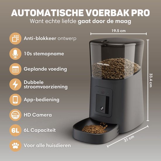 Vulpes Goods® Huisdieren - Automatische Voerbak Kat - en Hond - Voerautomaat met App - Voerdispenser - 6L - Zwart - PRO Versie