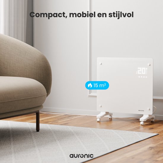Auronic Elektrische Kachel – Convectorkachel met Thermostaat en Afstandsbediening - Glazen Paneelverwarming - 1000W Heater - Wit