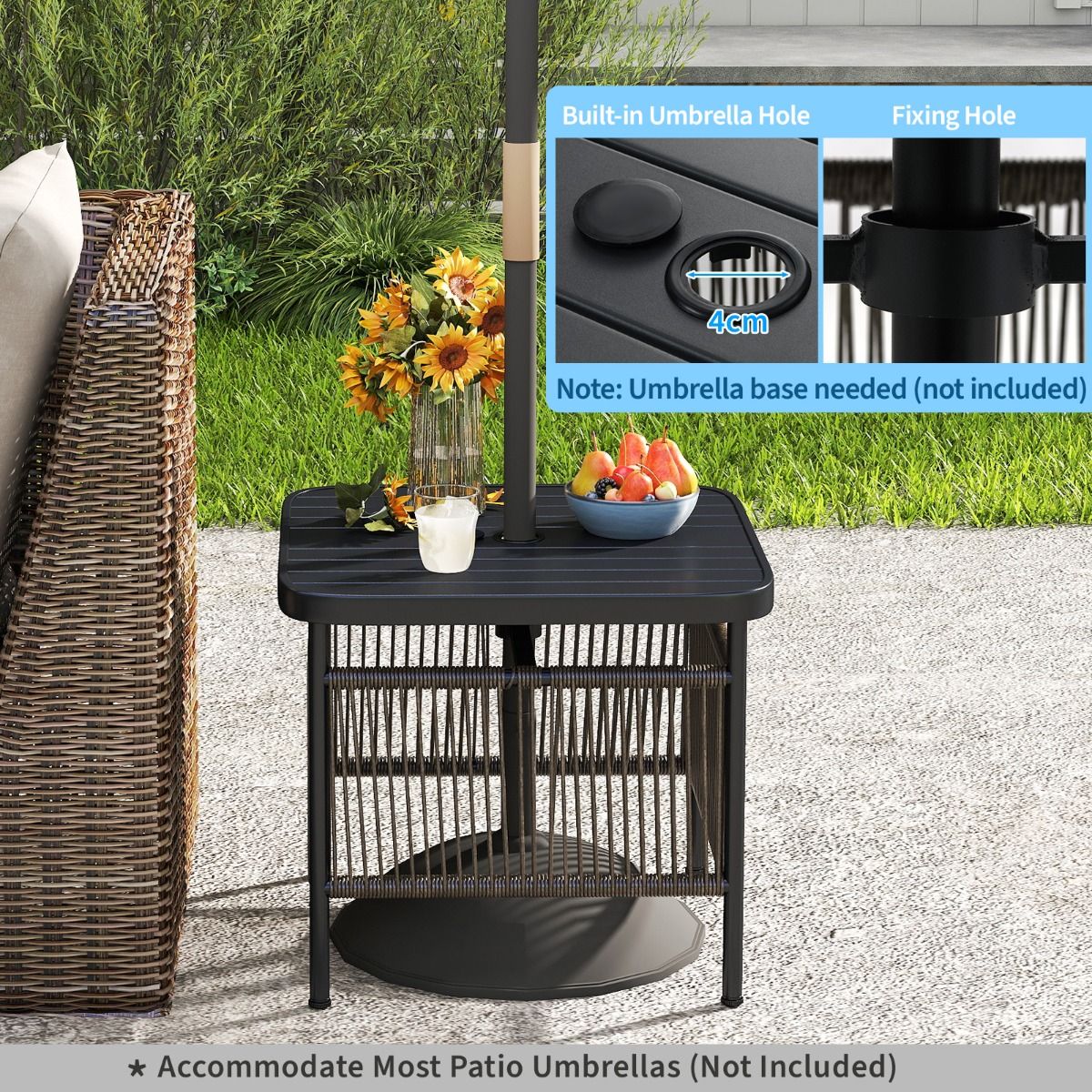 Coast Bijzettafel voor buiten - weerbestendig rattan - met parasolgat - zwart - 56 x 56 x 49 cm