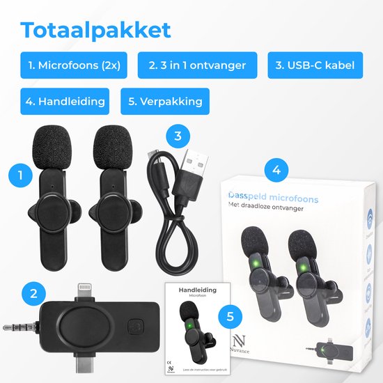 Nuvance - Draadloze Microfoon - 2 Stuks - Geschikt voor Jack 3.5mm, USB-C en Lightning - Dasspeld Microfoon - Lavalier Microfoon Draadloos - Microfoons - Plug & Play