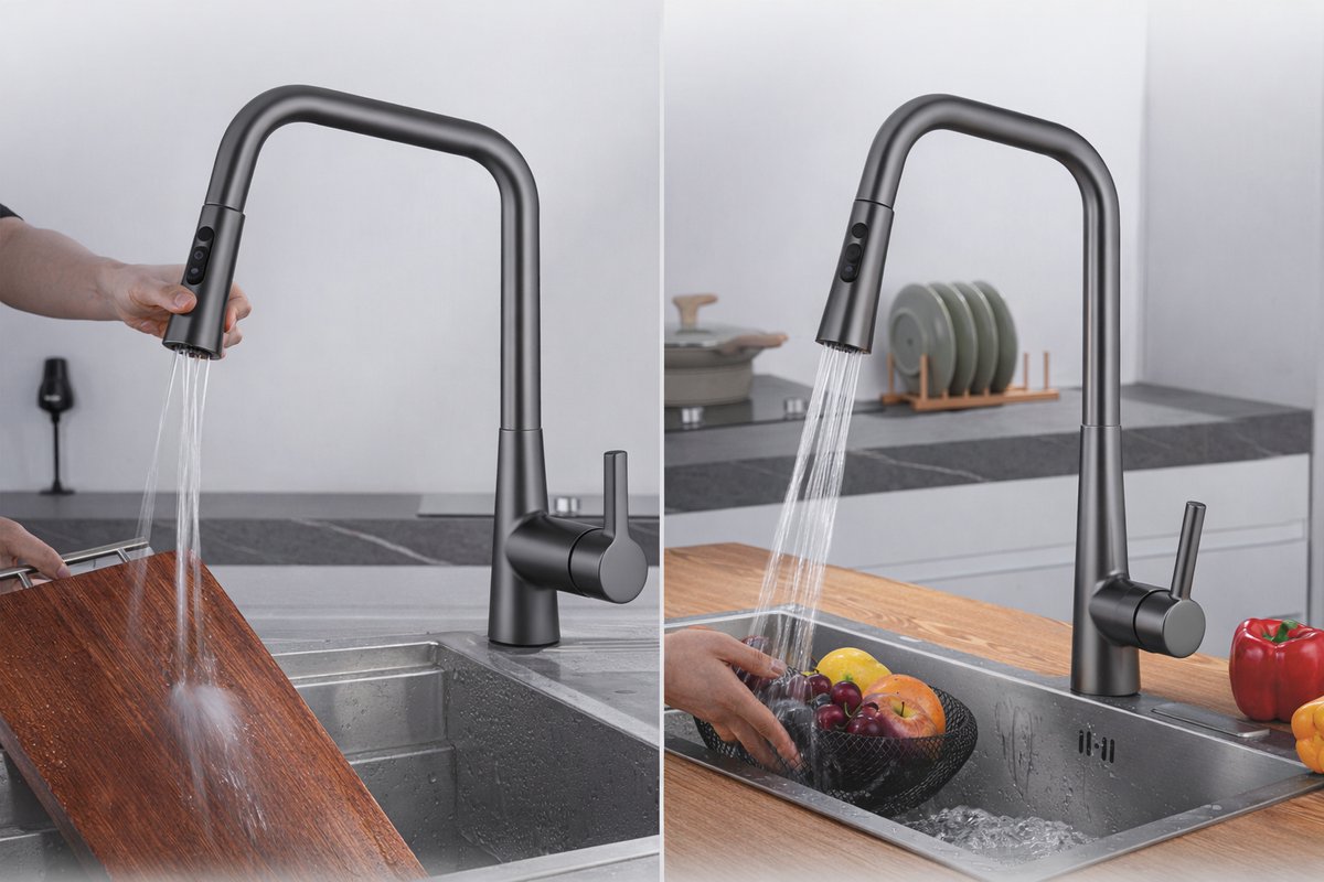 Inspire – Keukenkraan Aanrechtkraan – Geborsteld Nikkel – Voorzien Van Neerklapbare Sproeier En 3-Weg Sproei-instelling En Keramische Kleppen – Voor Keuken En Bijkeuken – Grijs Metaal