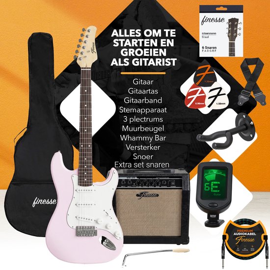 Finesse Elektrische Gitaar met Versterker - met Videocursus - Gitaar - Volwassenen - Kind - Roze