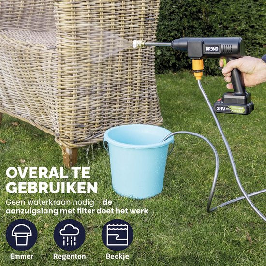 BREND BR-2235 Draadloze Hogedrukreiniger met Accu en Verstelbaar Mondstuk - 3 Sproeipatronen – Aanzuigslang en Fles - Zwart