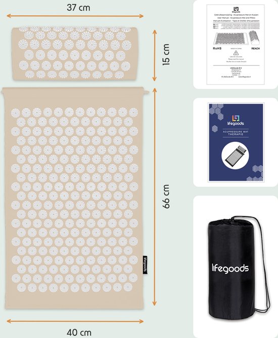 LifeGoods Acupressuur Mat met Kussen - Shakti mat - Spijkermat Incl. 2x Triggerpoint Bal - 66x40x2cm - Beige/Wit