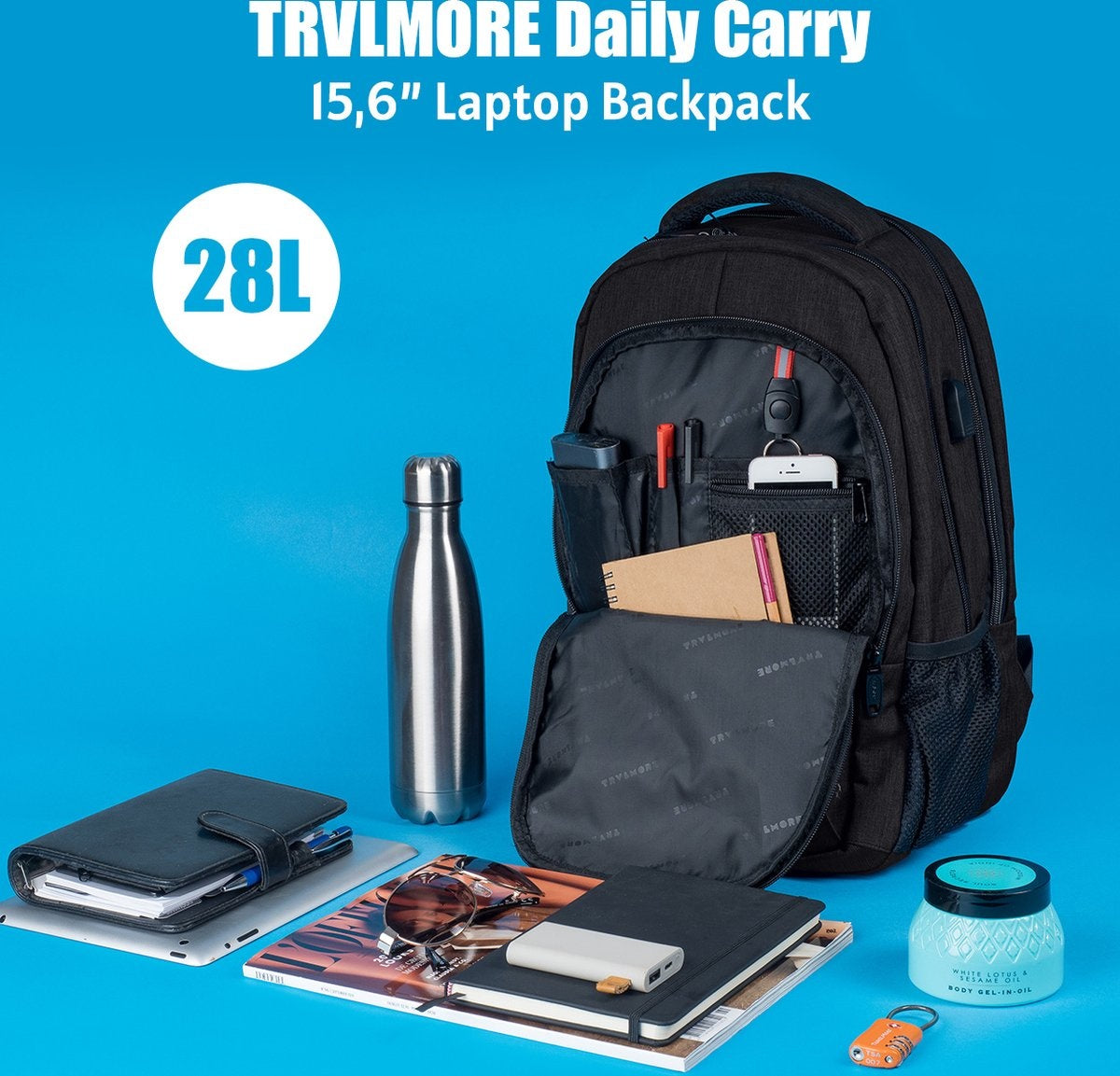 TRVLMORE Rugzak - 28L - 15,6 inch - Laptop Rugtas - Schooltas - Unisex - Spatwaterdicht Zwart