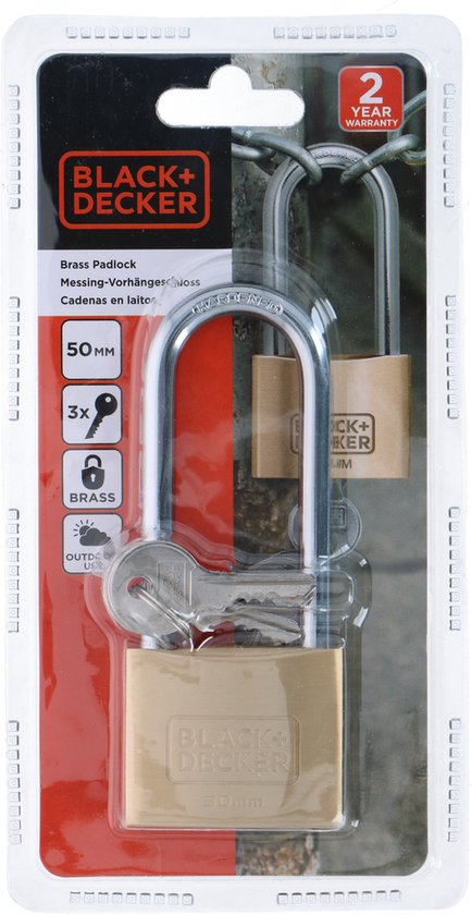 BLACK+DECKER Hangslot - 50mm - Lange Beugel - Incl. 3 Sleutels - Massief Messing Slot