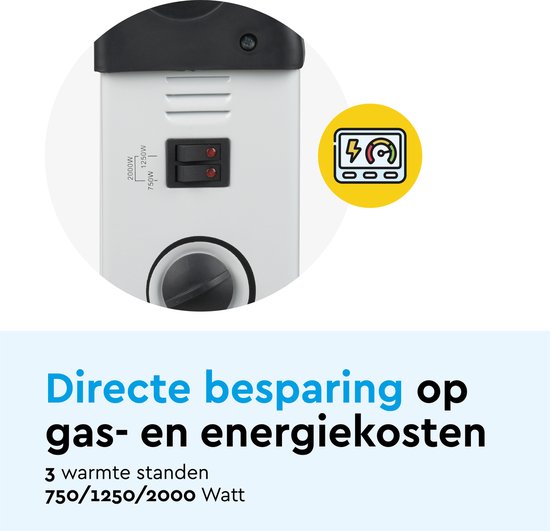 BRASQ Elektrische Convectorkachel - Elektrische Kachel - Compact en Geruisloos - Verstelbare thermostaat 750/1250/2000 watt - Verwarming wit - CH300