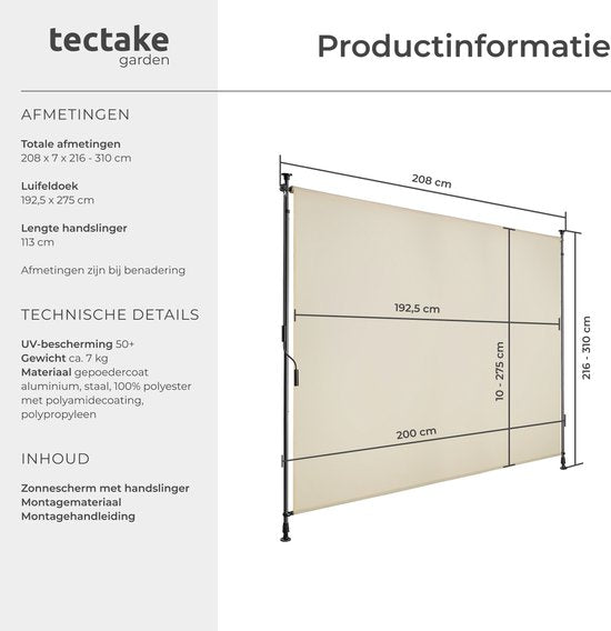 tectake® Klemluifel Taija met Handslinger - 200 x 310 cm - Zonwering - Verticaal Zonnescherm - Ondoorzichtig Rolgordijn Buiten - In Hoogte Verstelbare Luifel voor Terra en Tuin - Snel te Monteren Balkonscherm - Beige