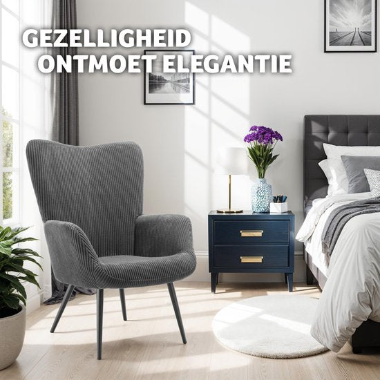 tectake® Oorfauteuil in Scandinavische stijl - Corduroy Hygge - Stoel voor woonkamer, slaapkamer - Loungefauteuil - Zwart metalen poten - Draagvermogen tot 150 kg - Grijs