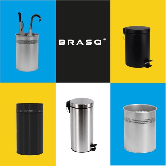 BRASQ Prullenbak Metaal Kantoor/ Thuisgebruik - Vuilnisbak - Afvalemmer - Papierbak - Rond - Prullenbakken - Zilver 21 liter