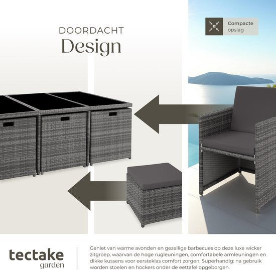 tectake® Loungemeubelset - Wicker tuinset - 6 stoelen, 4 krukken en 1 tafel - Tuinmeubelen voor balkon, tuin en terras - Inclusief beschermhoes en kussens - Met 2 kleuren hoezensets - Gemakkelijk te onderhouden - Glazen tafelblad - Grijs