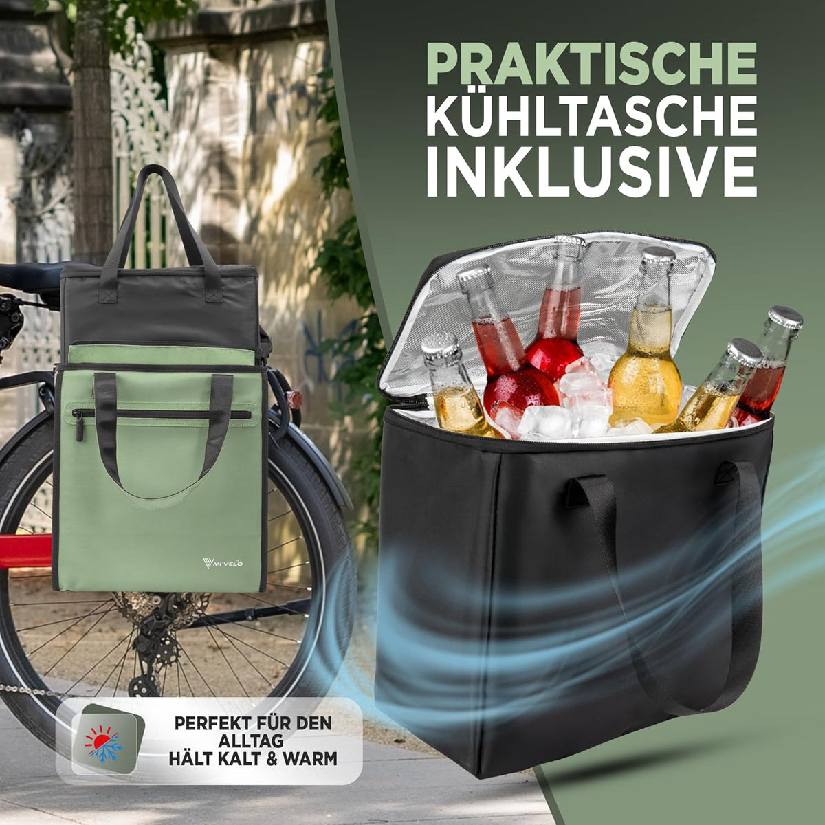 MIVELO 3-in-1 Fietstas – Waterdicht – Uitneembare Koeltas – 25L – Mint