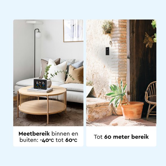 BRASQ Draadloos Weerstation binnen en buiten - Hygrometer - Luchtvochtigheidsmeter - Met buitensensor tot 60 meter - Thermometer - Barometer - inclusief batterijen