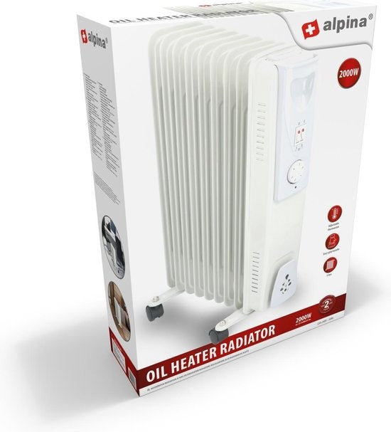 alpina Elektrische Olieradiator YL-A07S09 - 2000W - Elektrische Kachel - Instelbare Thermostaat - Op Wieltjes - Koord Opslagruimte - Oververhittingsbeveiliging - Wit