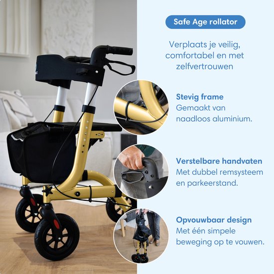 Safe Life® Rollator lichtgewicht en opvouwbaar - zitfunctie - voor binnen en buiten - Rugleuning en wandelstok houder - Goud