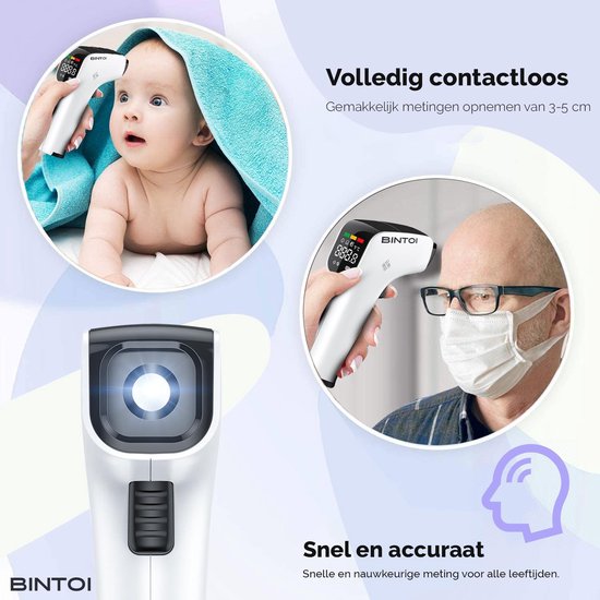 Bintoi® Thermometer voorhoofd - Temperatuurmeter - Thermometer lichaam – Oorthermometer - Koortsthermometer voor volwassenen en baby's - Instant meting in 1 seconde - Makkelijk te lezen in het donker - Incl. batterijen