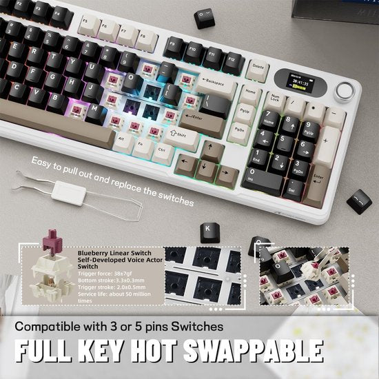 ATTACK SHARK X98 - Draadloze Mechanisch Gaming Toetsenbord - TFT Scherm - Multifunctionele Draaiknop - PBT Keycaps - Wired/2.4G/Bluetooth Tri-Mode - Gasket Mod - 98keys - Cheese White
