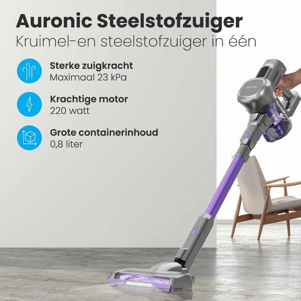 Auronic Steelstofzuiger - Zelfstaande Draadloze Steelstofzuiger - Zonder Zak - 220W - Vacuum Cleaner - Grijs/Paars
