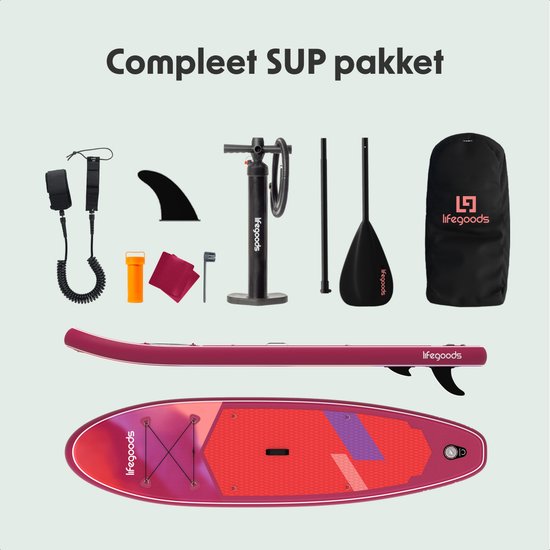 LifeGoods SUP Board Allround Compact - 100 KG Draagkracht - 300 x 76 cm - Opblaasbaar - Compleet SUP pakket - Rood/Lila