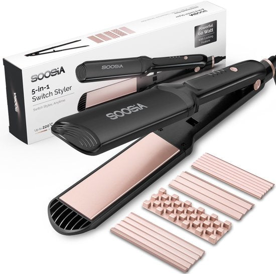 Soosia 5-in-1 Switch Styler – Stijltang, wafeltang, Golftang & Krultang – 3,5 cm Keramische Platen – Rosegoud