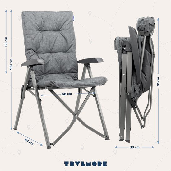 TRVLMORE Campingstoel - Inclusief Draagtas - Comfortabele Vouwstoel - 150 kg draagvermogen - Kampeerstoel - Opbergvak - Klapstoel - Grijs