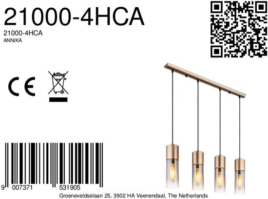 Globo - hanglamp - ANNIKA - bruin - glas - grote eettafellamp - E27 - 21000-4HCA