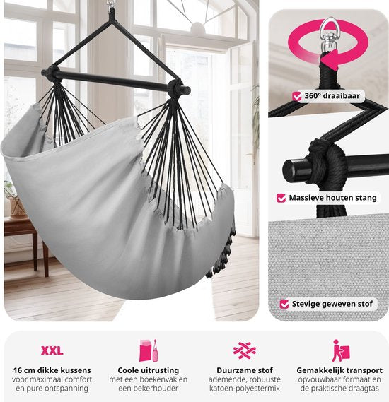 tectake® Hangstoel voor binnen of buiten - Weerbestendig - Met tabletvak en bekerhouder - Macramé schommel voor balkon en tuin - Hangende schommel belastbaar tot 150 kg - Grijs