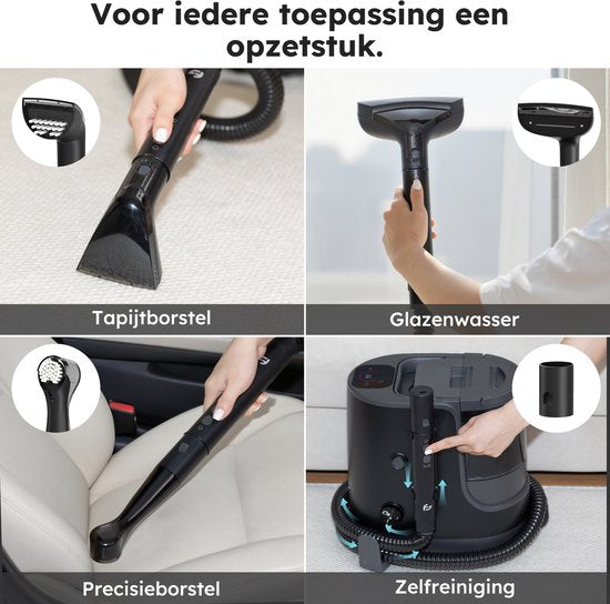 Vlekkenreiniger - 7-Delige Set - Tapijtreiniger Met Stoomfunctie - Inc. Vlekverwijderaar - Stoomreiniger - tot 100°C - Zwart - van Saaf