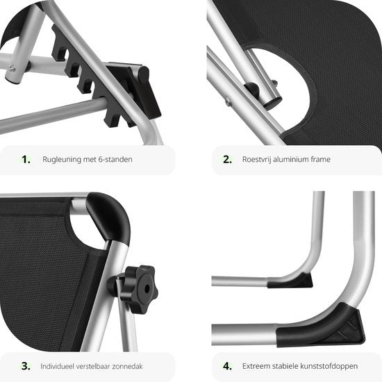 tectake® - Ligstoel ligbed zonnebed Aurelie - incl. verstelbaar zonnedak - zwart